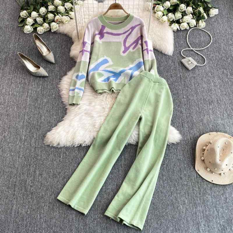 セットアップ レディース 秋冬物 ゆったり レトロ クラシック 配色 ニットセーター 長袖 パフスリーブ ハイウエスト スタイルアップ 着痩せ ワイドパンツ シェニール 大人カジュアル 上品