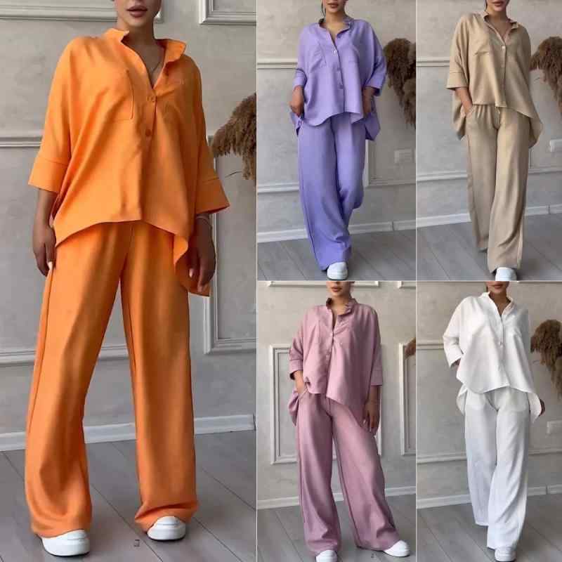 セットアップ レディース 女性用 春夏 シャツ ブラウス トップス ハイウエスト ロングパンツ 長ズボン ボトムス 2点セット ゆったり ルーズ オーバーサイズ 大きいサイズ 体型カバー おしゃれ ポリエステル 通勤 オフィス カジュアル 普段使い(x2)
