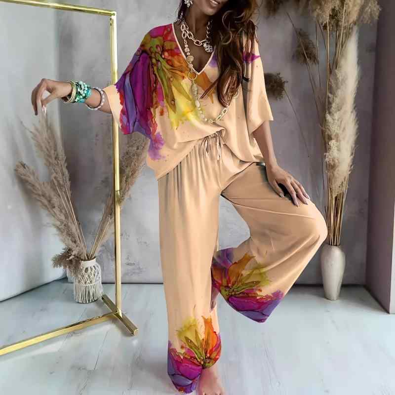 カジュアルセットアップ レディース 女性用 欧米風 クルーネック 五分袖 半袖 ゆったり ルーズ プリント柄 ロングパンツ 長ズボン ポリエステル スパンデックス 快適 伸縮性 ストレッチ 春夏 アプリコット ベージュ 大きいサイズ