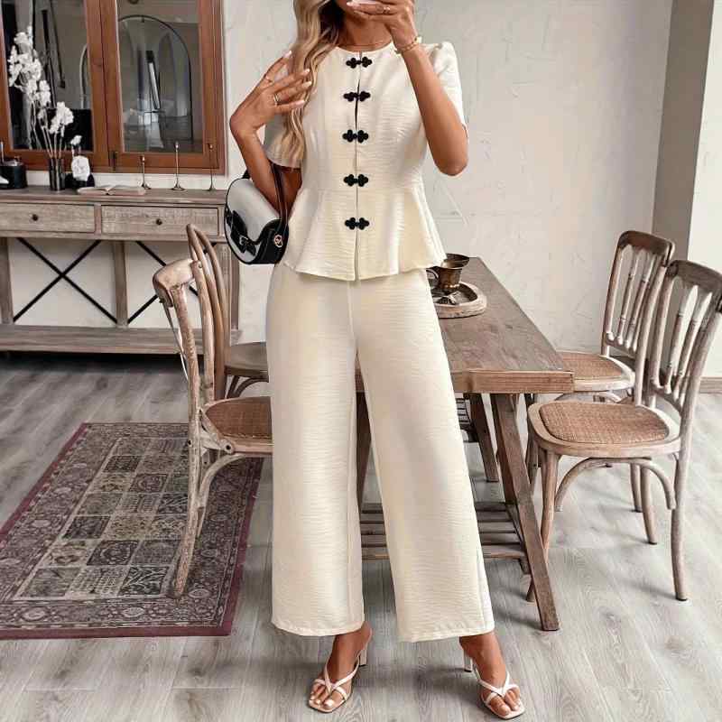 パンツセットアップ レディース 春夏 カジュアル リラックス 半袖 ボタン ゆったり 長ズボン 無地 ポリエステル ストレッチ イージーケア アプリコット