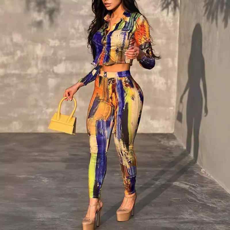 セットアップ レディース 春夏 カジュアル おしゃれ プリント 花柄 長袖シャツ ブラウス 九分丈パンツ 防シワ ゆったり リラックス ポリエステル素材 上下セット ツーピース