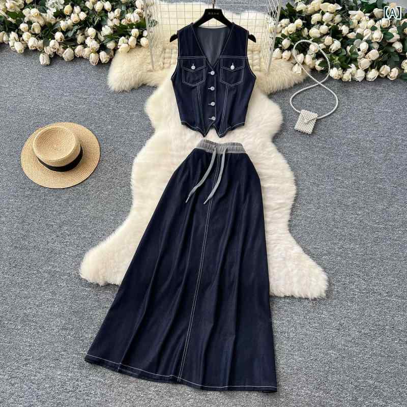 スカート セットアップ レディース 春夏 大人カジュアル きれいめ レトロ Vネック ノースリーブ デニムベスト ジレ ハイウエスト ドレープ ミディ丈 2点セット