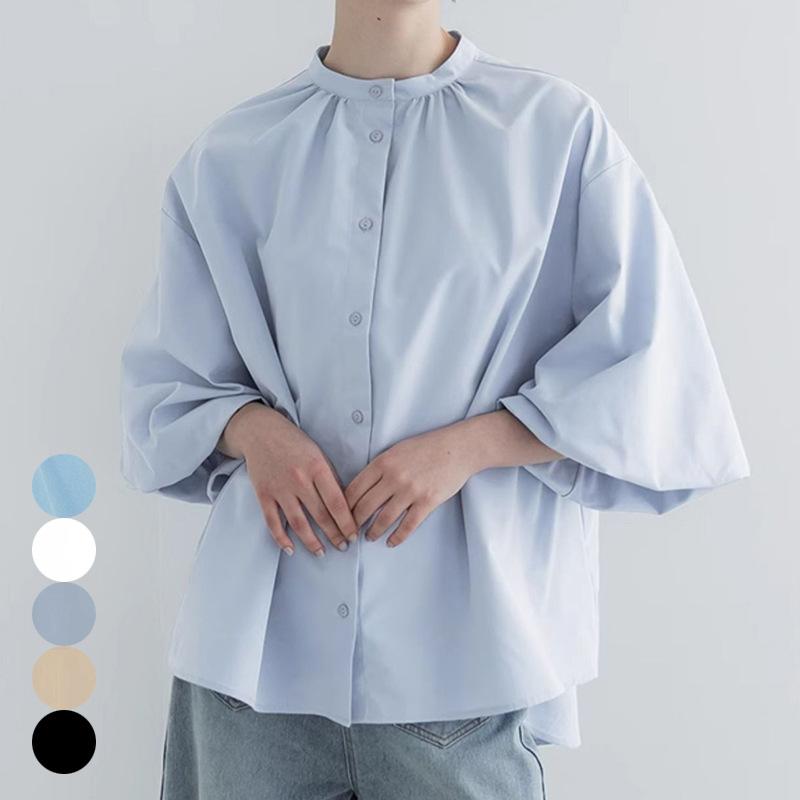 3-Quarter Sleeves - ブラウス レディース 日韓系 カジュアル シンプル ゆったり ルーズ 着痩せ ハイネック 7分袖 フレアスリーブ プルオーバー 無地 シフォン ジョーゼット ポリエステル 切り替え 春夏 普段使い 通勤