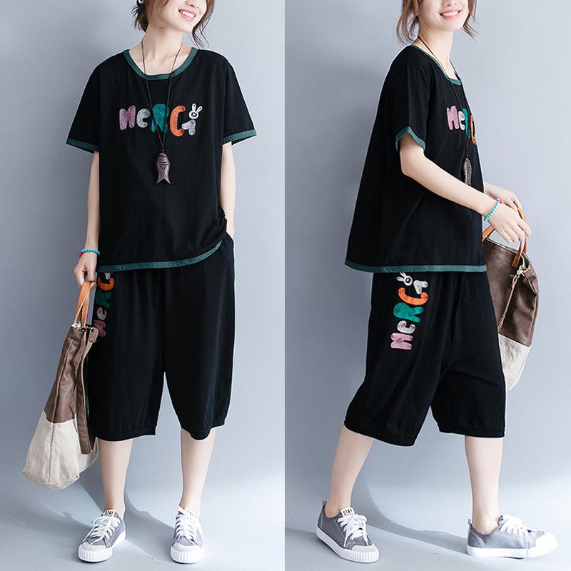 Other - カジュアルセットアップ レディース 女性用 半袖トップス クロップドパンツ コットン ゆったり ルーズ 大きいサイズ 刺繍 アルファベット ブラック 春夏 ナチュラル レトロ リラックス 普段使い