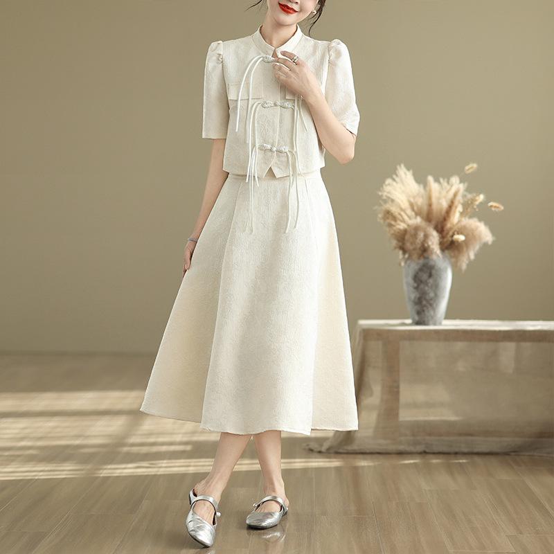 スカートセットアップ レディース ネオチャイナ風 中華レトロ スタンドカラー ジャガード織り チャイナ..