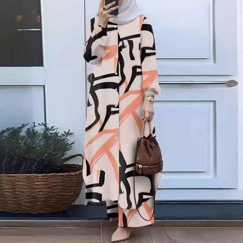 セットアップ レディース ムスリムファッション おしゃれ 花柄プリント ツーピース 春秋 レトロ ロングシャツ ワイドパンツ ポリエステル 快適 ゆったり カジュアル パフスリーブ