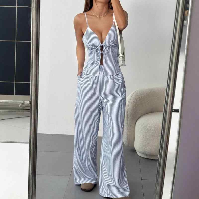セットアップ レディース 夏 ストライプ柄 リボン キャミソール ノースリーブ トップス ワイドパンツ ロングパンツ エレガント きれいめ 通勤 お出かけ デイリー ポリエステル ブルー ピンク グレー