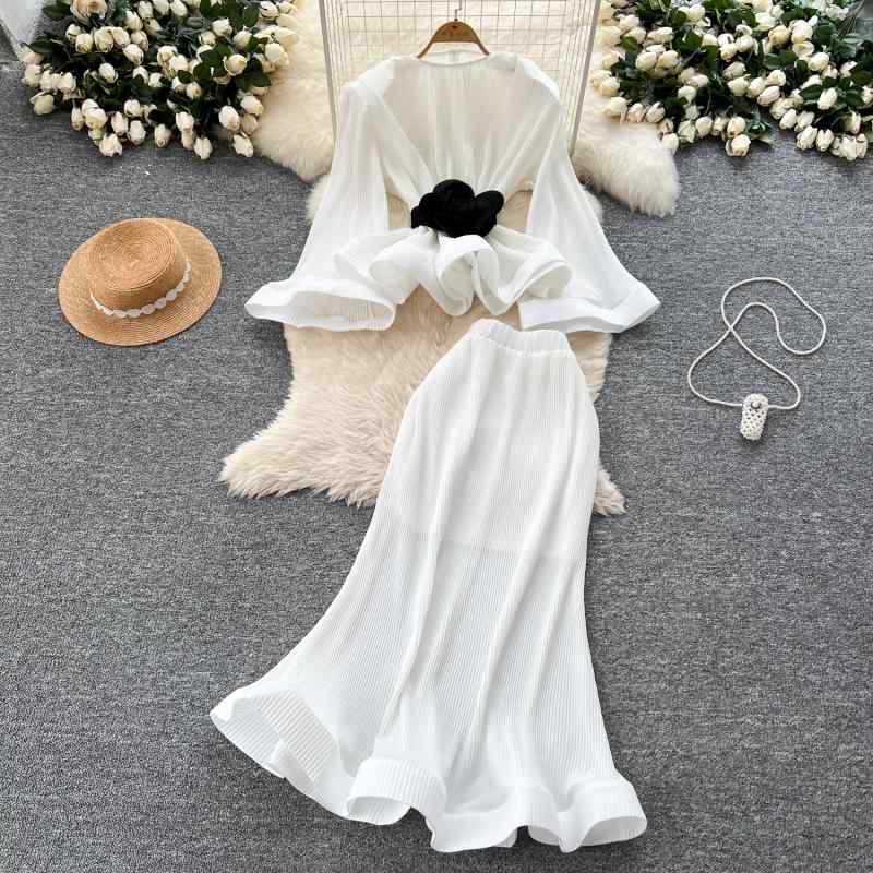 セットアップ レディース エレガント フェミニン デザイン 長袖 フレアスリーブ プリーツ トップス ハイウエスト マーメイドスカート ウエストリボン 無地 春夏 きれいめ カジュアル ポリエステル