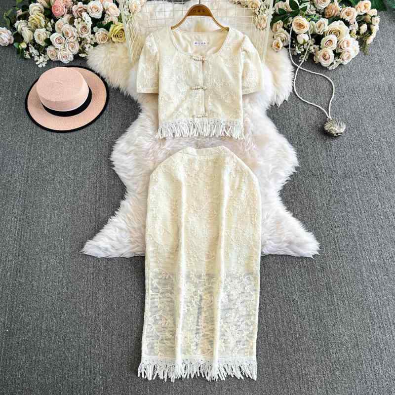 パーティードレス レディース 新中華スタイル 飾りボタン チャイナドレス 上品 エレガント スクエアネック レース フリンジ ノースリーブ セットアップ シェニール スパンデックス 春夏 アプリコット ベージュ
