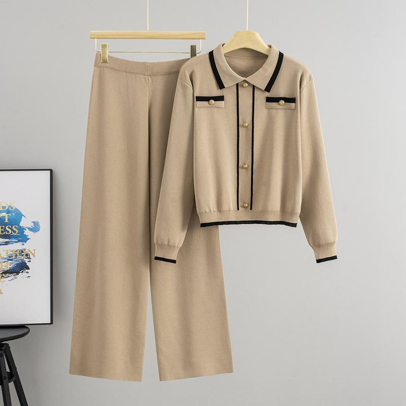 セットアップ レディース 長袖 ニットトップス ポロ襟 ハイウエスト ワイドパンツ 2点セット 高級感 上品 きれいめ メタルボタン 通勤 オフィス カジュアル 春夏 ウール混 レーヨン素材(4.0)
