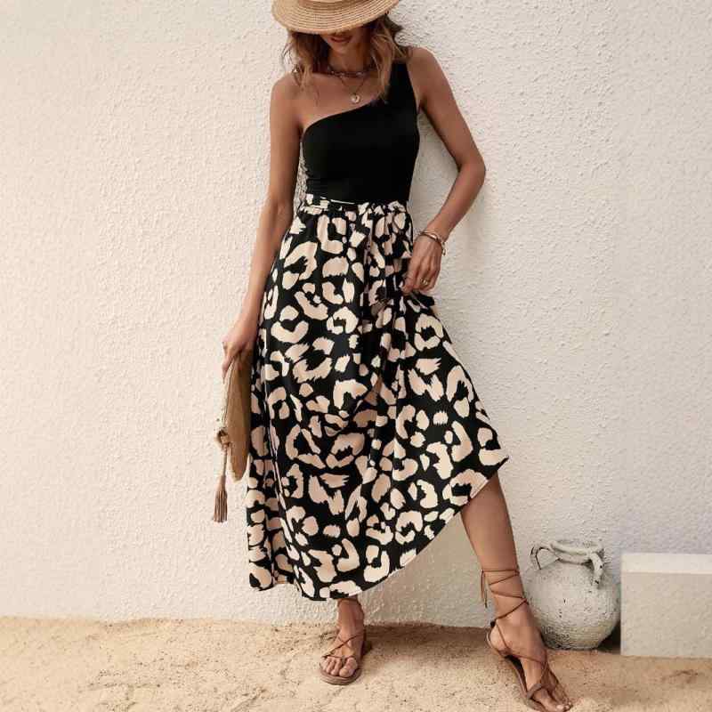 ワンピース レディース 春夏 ヒョウ柄 ドット柄 アシンメトリーネック ノースリーブ 切り替え ミディ丈 Aライン プルオーバー ポリエステル 上品 エレガント(4)