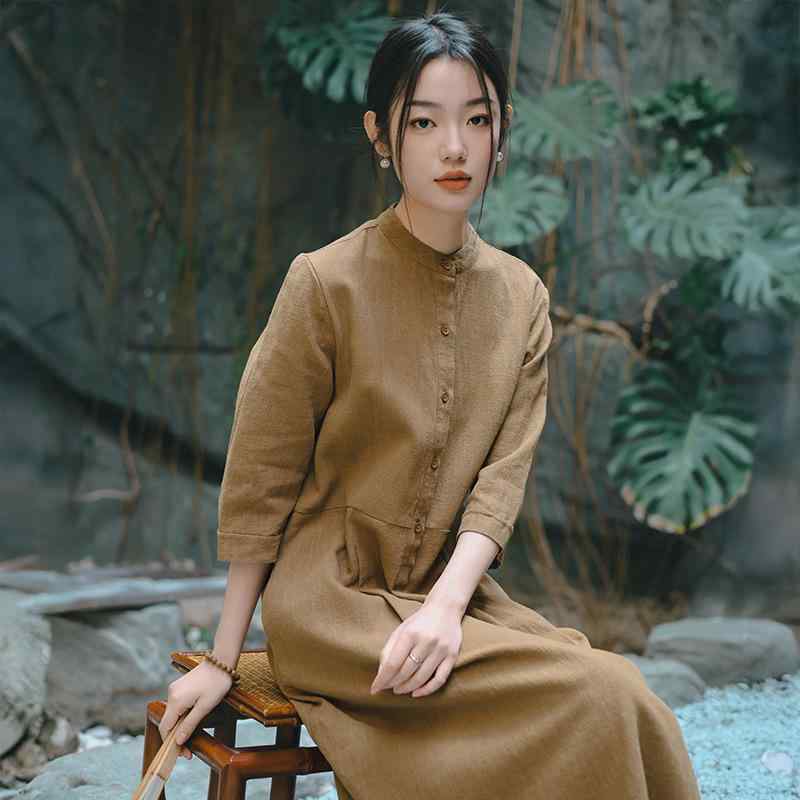 ワンピース レディース 女性用 春夏 綿麻 ラミー コットン 新チャイナスタイル レトロ 高級感 無地 エレガント 上品 Aライン ロング丈 マキシ丈 スタンドカラー 七分袖 ゆったり 普段使い お出かけ ウォッシュ加工