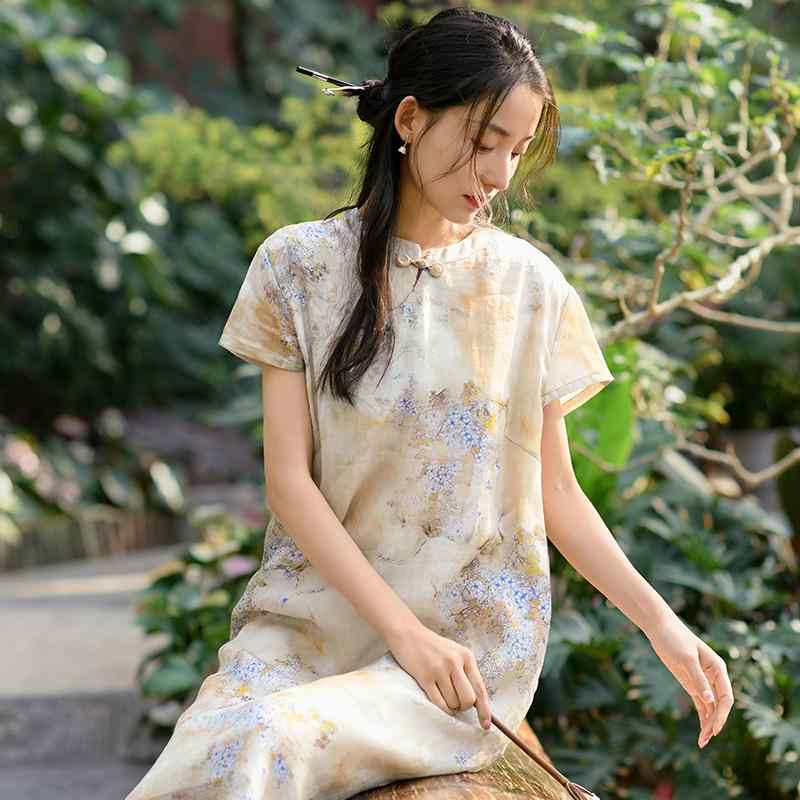 ワンピース レディース ネオチャイニーズ 春夏 レトロ モダン チャイナドレス 中国風 半袖 ラミー 麻素材 ロング丈 Aライン 立ち襟 ゆったり 上品 エレガント 普段使い お出かけ