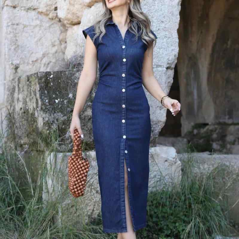 ワンピース レディース 女性用 春夏 デニム 欧米風 ストリート カジュアル セクシー Vネック 半袖 ハイウエスト ミディ丈 切り替え ボタン プルオーバー 無地 ブルー系