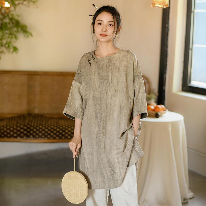 ワンピース レディース 春夏 リネン 麻 チャイナ風 ネオチャイニーズ レトロ アンティーク風 エレガント 上品 ミディ丈 Aライン ラウンドネック 七分袖 ゆったり ルーズフィット ポケット付き