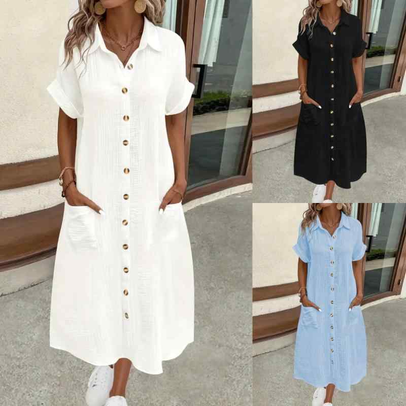 ワンピース レディース 春夏 シンプル 無地 Vネック ボタン 半袖 ロング丈 ポリエステル 通勤 オフィス カジュアル エレガント きれいめ ドレス ブラック ホワイト ブルー