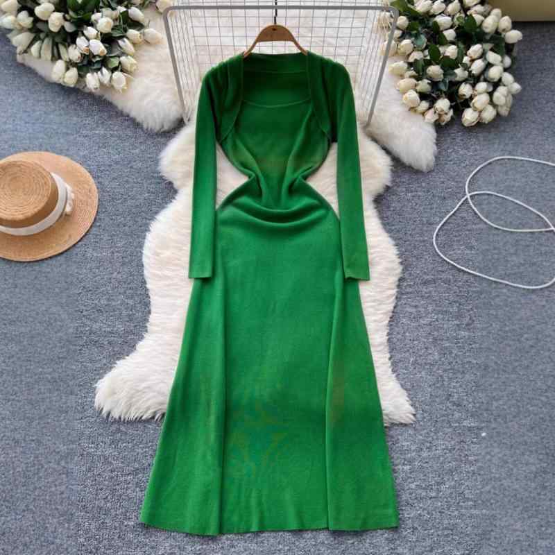 ワンピース レディース スクエアネック 鎖骨見せ スリムフィット ウエストシェイプ ハイウエスト ミディ丈 Aライン ニット リブ編み ストレッチ ポリエステル 上品 カジュアル 通勤 秋冬 インナーワンピース