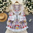 ワンピース レディース フランス風 宮廷風 レトロ レース 切り替え Vネック ウエストマーク Aライン 長袖 花柄 プリント ポリエステル エレガント 上品 お嬢様風 デート お呼ばれ パーティー 春夏 ホワイト ピンク