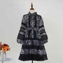 ワンピース レディース 春物 ヒョウ柄 切り替え 無地 レース リボン ウエストマーク 襟付き 長袖 ランタンスリーブ タイト ミニ丈 スリムフィット エレガント カジュアル ドレス シェニール素材 ブラック カーキ 女性用