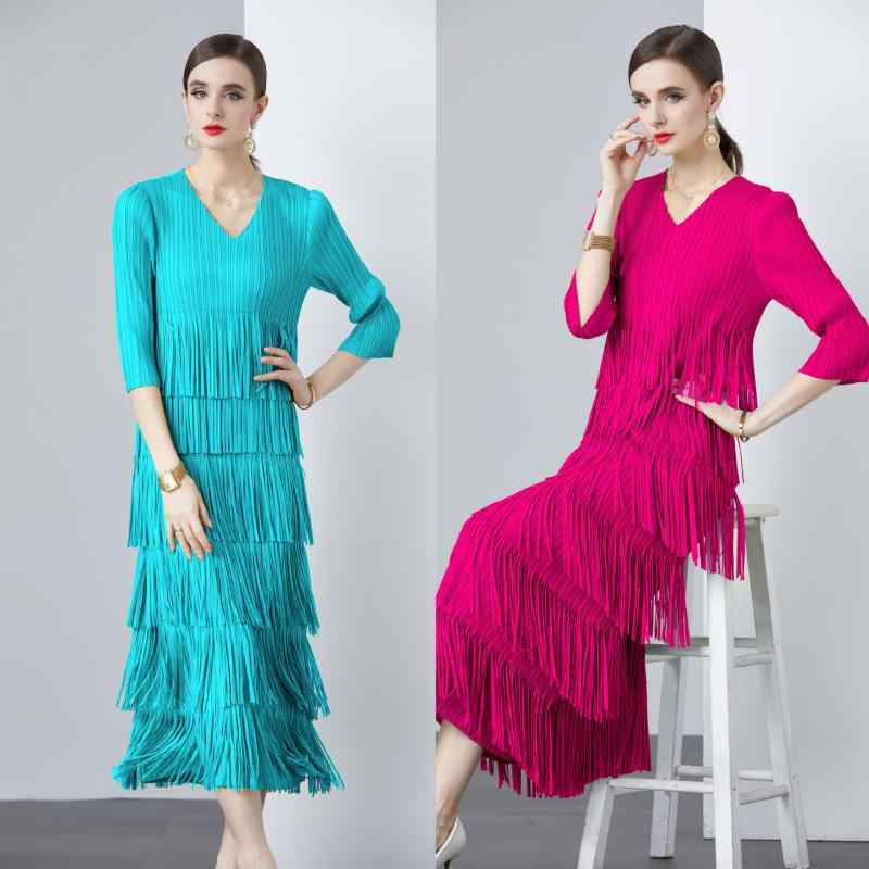 ワンピース レディース プリーツ Vネック フリンジ 九分丈袖 プルオーバー 無地 エレガント シンプル かわいい メッシュ素材 ロング丈 ティアードスカート ブラック 春夏