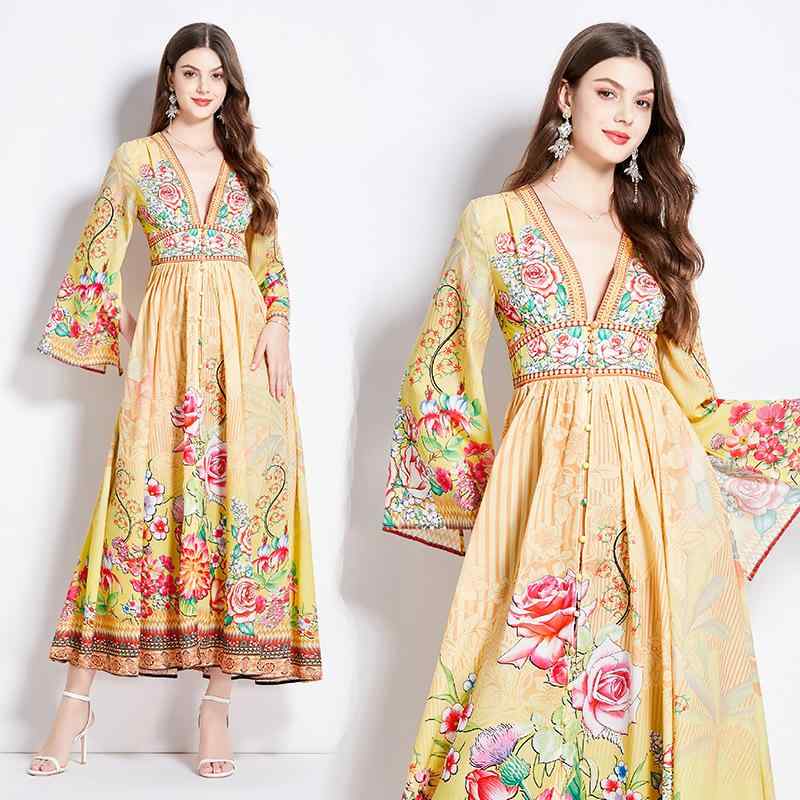 ワンピース レディース 春夏 花柄 Vネック 長袖 フレアスリーブ ウエストマーク ロング丈 エレガント ..
