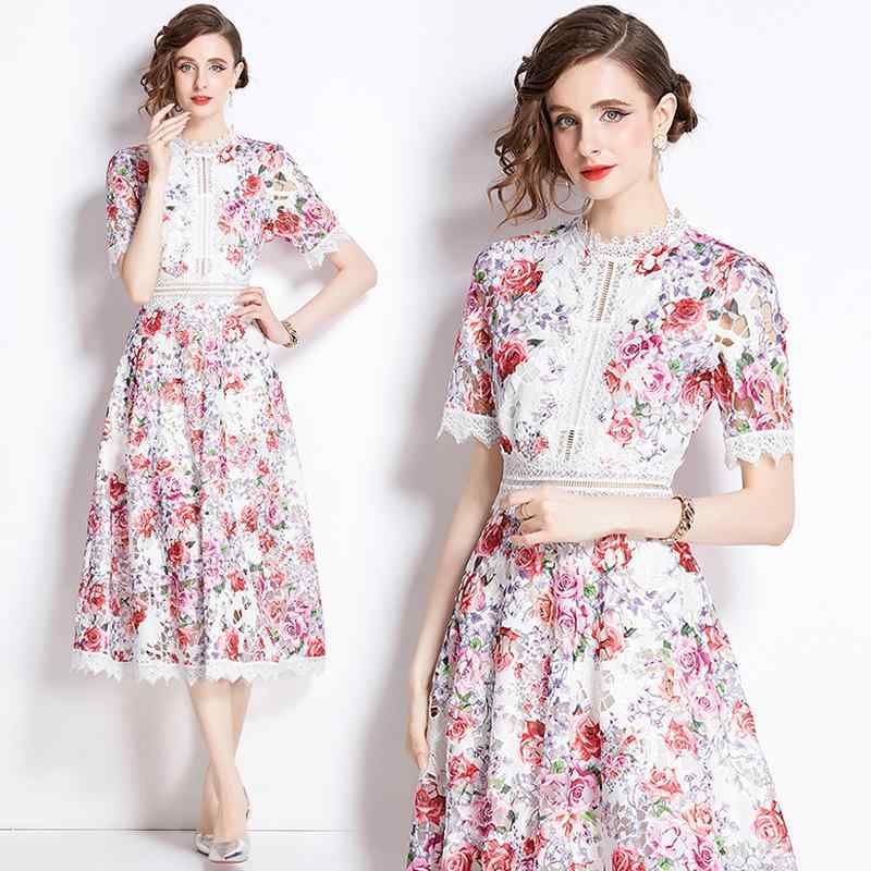 ワンピース レディース フレンチレトロ エレガント 上品 レース切り替え 花柄プリント ウエストマーク パーティードレス フォーマルドレス ミディ丈 フリル襟 パフスリーブ 半袖 レッドパープル 春秋