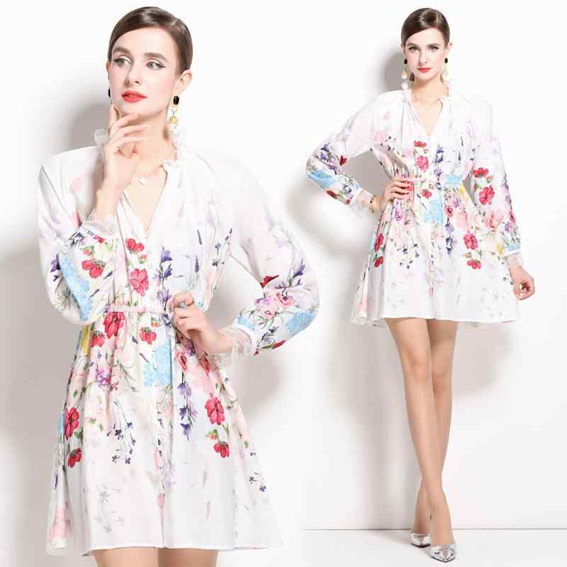 ワンピース レディース ドレス 綿麻 長袖 万華鏡花柄 ポジションプリント フリル襟 ラグランスリーブ ..