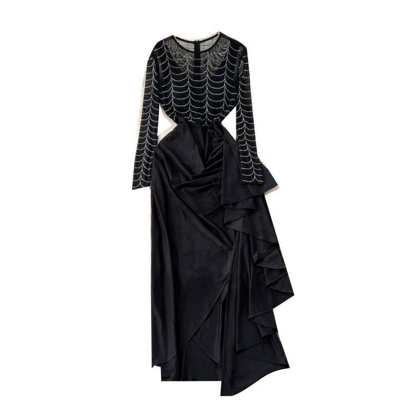 ワンピース レディース 高級感 エレガント イブニングドレス パーティードレス 晩餐会 お呼ばれ 結婚式 二次会 ラインストーン メッシュ 切り替え フリル スリット ロング丈