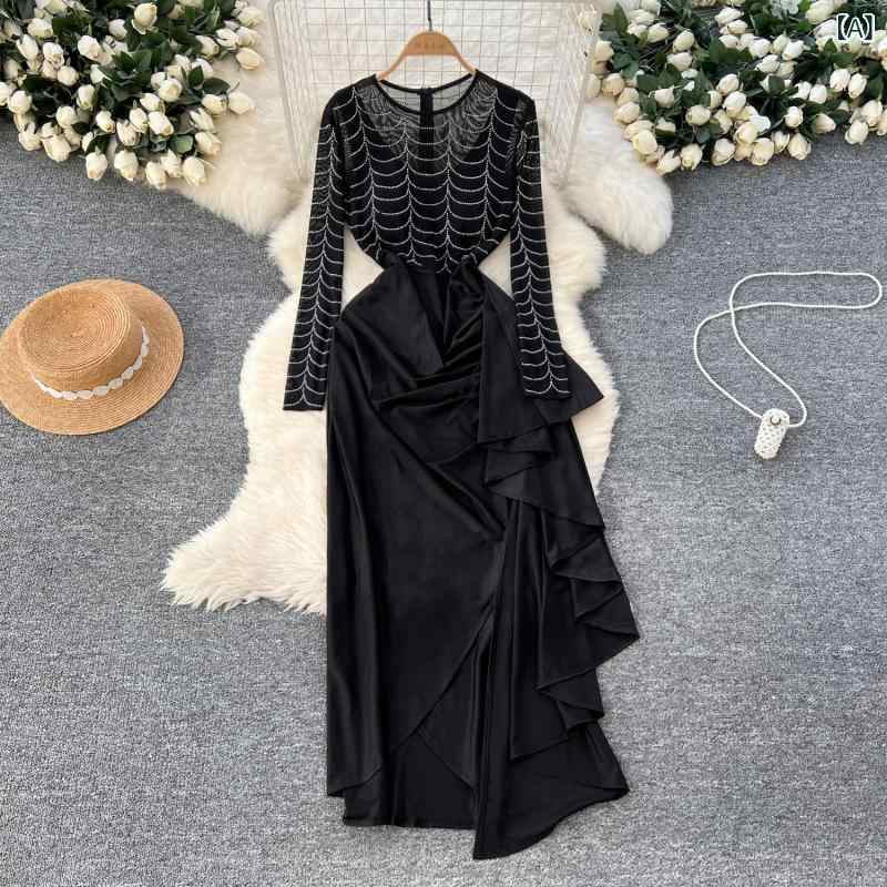 ワンピース レディース 高級感 エレガント イブニングドレス パーティードレス 晩餐会 お呼ばれ 結婚式 二次会 ラインストーン メッシュ 切り替え フリル スリット ロング丈