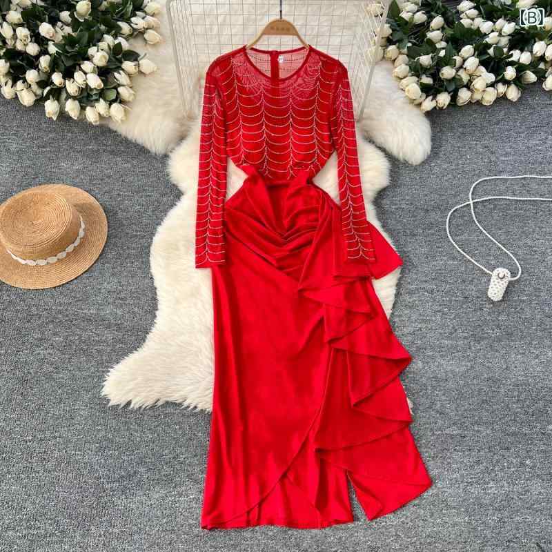 ワンピース レディース 高級感 エレガント イブニングドレス パーティードレス 晩餐会 お呼ばれ 結婚式 二次会 ラインストーン メッシュ 切り替え フリル スリット ロング丈