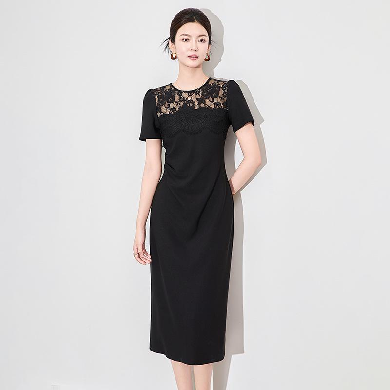 ワンピース レディース チャイナ風 レトロ エレガント 切り替え レース プリーツ ウエストマーク Aライン ミディ丈 ミドルウエスト 半袖 ラウンドネック 無地 ポリエステル 伸縮性 春夏