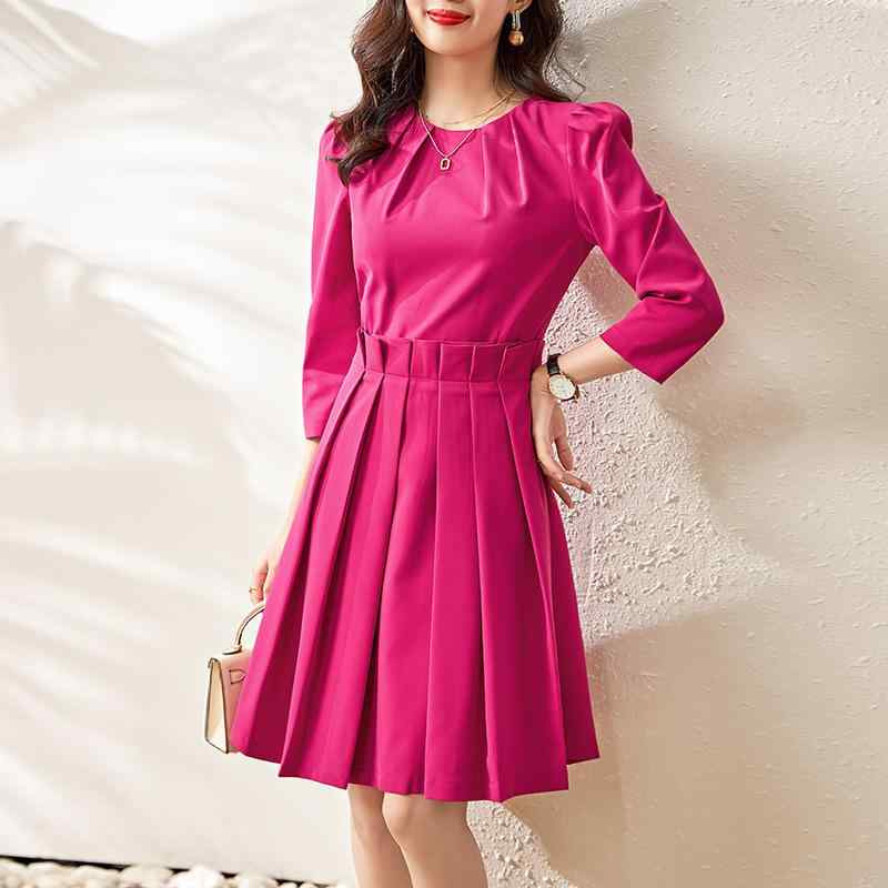 ワンピース ドレス レディース 女性用 エレガント 上品 ウエストマーク 着痩せ効果 ハイウエスト プリーツスカート ミディ丈 ラウンドネック 長袖 秋冬 通勤 オフィス レッド系