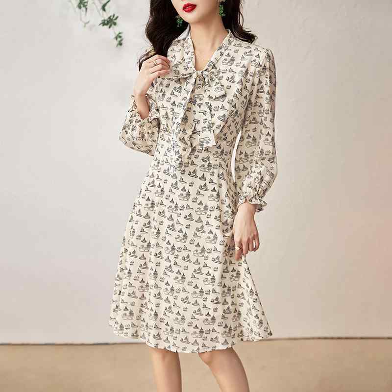 ワンピース レディース 知的 エレガント 上品 桑蚕シルク ロマンティック リボン ヨット柄プリント ウ..