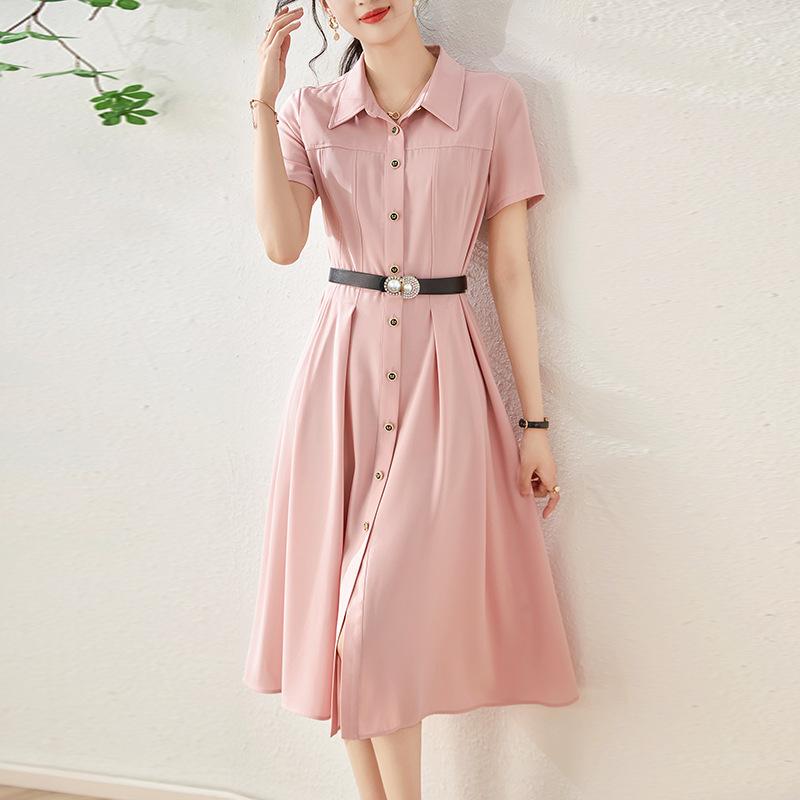ワンピース レディース エレガント 通勤 着回し 半袖 シャツワンピース 開襟 切り替え シングルボタン ウエストマーク 細見え Aライン フレア ミディ丈 麻調素材 無地 春夏 ピンク ライトグリーン