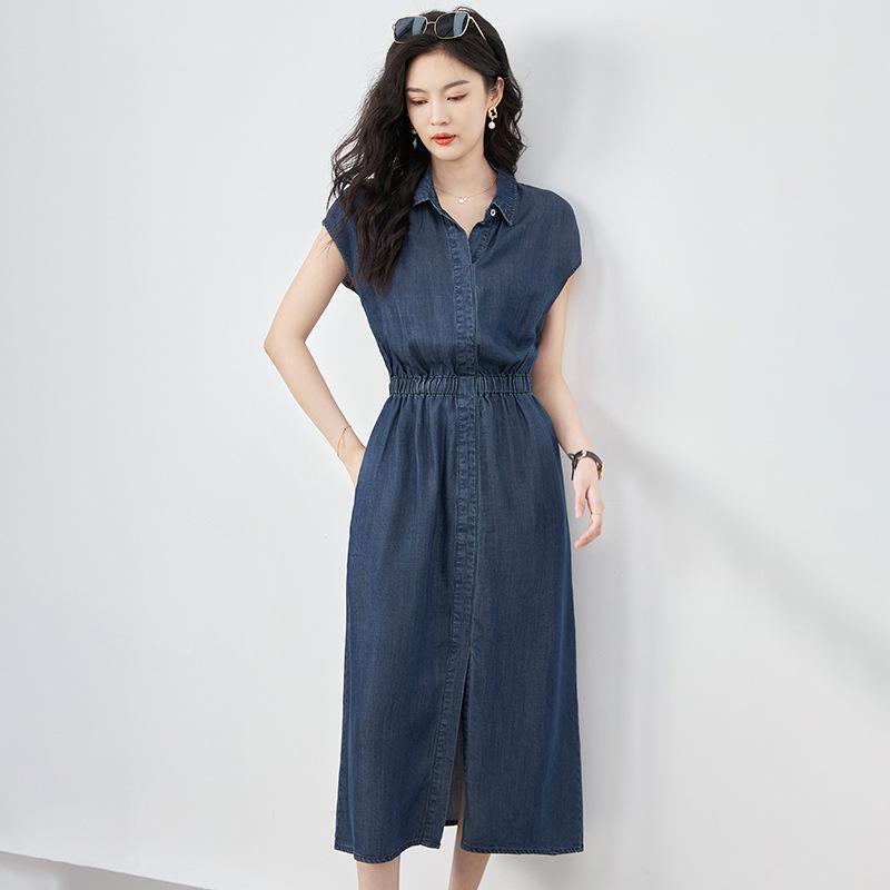 ワンピース レディース 女性用 再生繊維 デニム Aライン ミモレ丈 スリット 細見え 着痩せ効果 低身長 小柄 シンプル 上品 エレガント カジュアル 普段使い プルオーバー 襟付き 半袖 ブルー 春夏