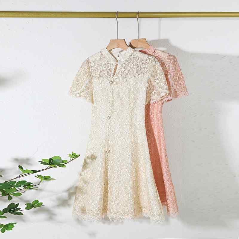 ワンピース レディース エレガント お嬢様 チャイナドレス風 レース ビーズ刺繍 ミドル丈 ハイウエスト..