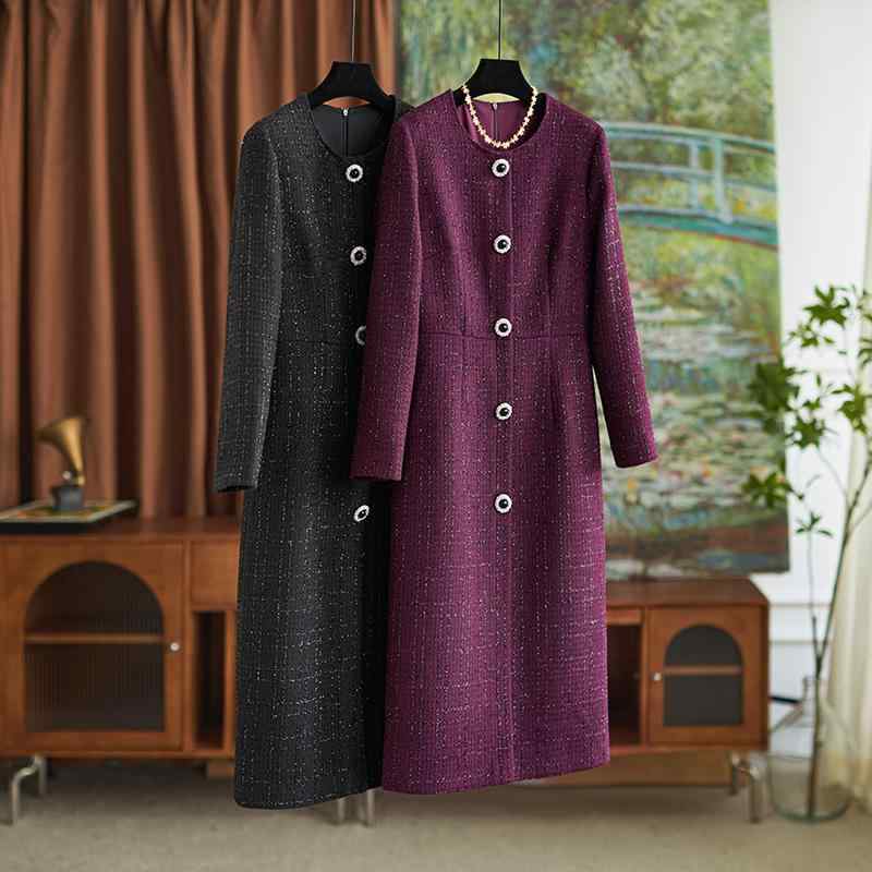 ワンピース 秋冬 高級感 光沢糸編み込み 上品 エレガント フェミニン Aライン ミモレ丈 ミディ丈 ラウンドネック 長袖 ポリエステル 切り替え プルオーバー 通勤 オフィス デート お呼ばれ きれいめ