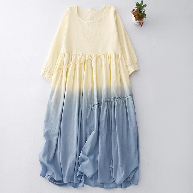 ワンピース レディース 春夏 レトロ アンティーク 民族風 綿麻 グラデーション バイカラー 配色 シンプル カジュアル 普段使い 二重 ラウンドネック 丸首 Aライン ミモレ丈