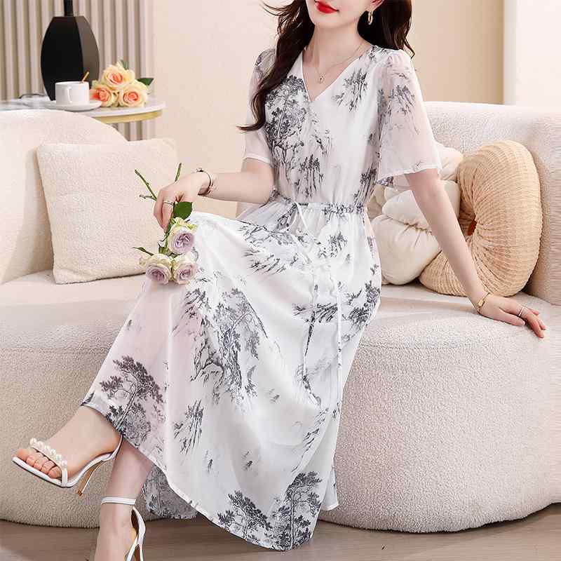 ワンピース レディース 春夏 レトロ エレガント 花柄 ミディ丈 Vネック 半袖 ウエストリボン ウエストマーク Aライン ギャザー ポケット付き 切り替え スタイルアップ カジュアル お出かけ