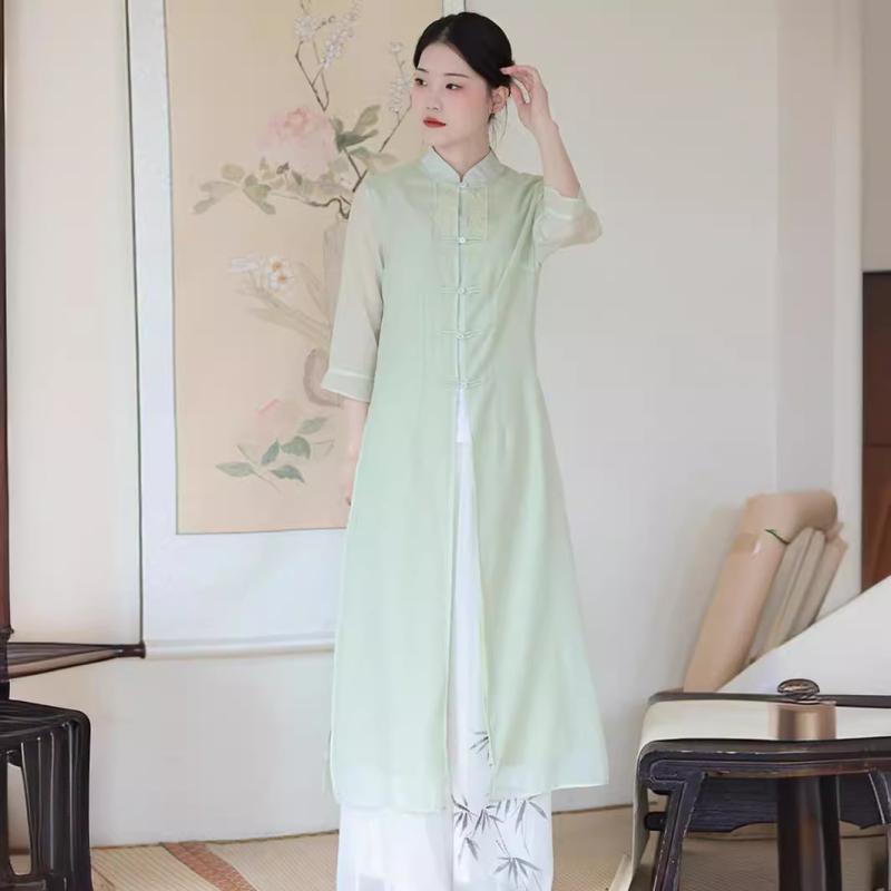 ワンピース レディース 女性用 春夏 レトロ クラシック 新中国風 改良チャイナドレス 禅スタイル 茶服 七分袖 スタンドカラー 前開き 刺繍 Aライン ミモレ丈 ポリエステル グリーン