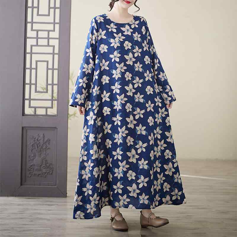 ワンピース レディース 大きいサイズ 春夏 レトロモダン 民族調 プリント 綿麻 クルーネック 長袖 ゆったり 体型カバー Aライン ロング丈(4)