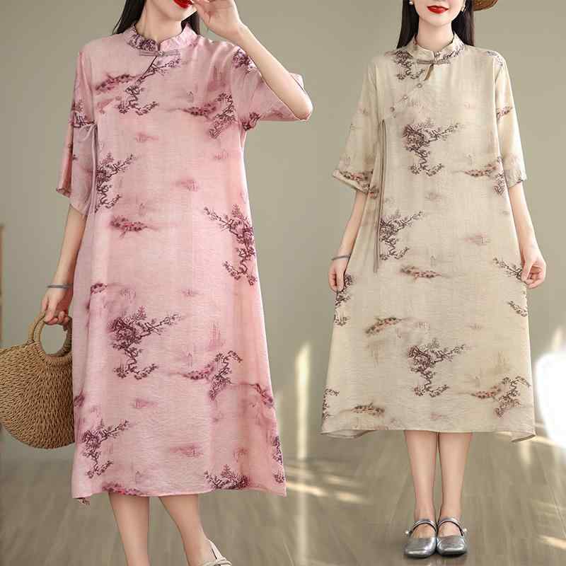 ワンピース レディース 春夏 レトロ エスニック 綿麻素材 ナチュラル Aライン ゆったり 体型カバー 花柄プリント ミモレ丈 半袖 スタンドカラー 大きいサイズ カジュアル ピンク カーキ