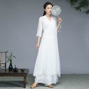 ワンピース レディース 春夏 レトロ 中国風 漢服風 禅風 Vネック ウエストマーク ゆったり ロング丈 ポリエステル 普段使い お出かけ 白(4)