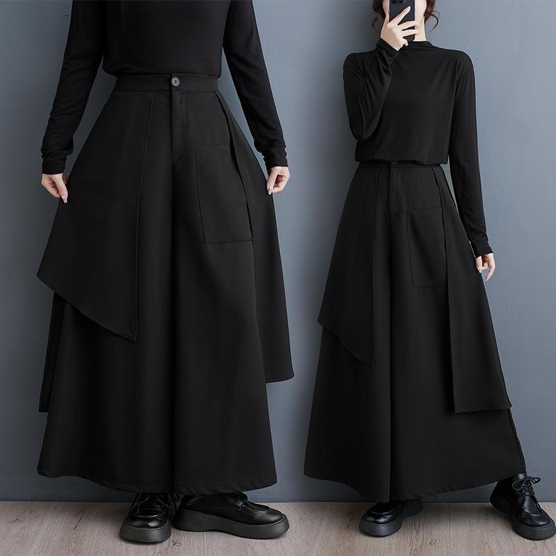 Rakuten - スカートパンツ レディース 春夏 切り替え アシンメトリー ダーク ロング丈 ワイドフレア ハイウエスト ブラック アクリル スパンデックス 伸縮性 カジュアル きれいめ 通勤 オフィス