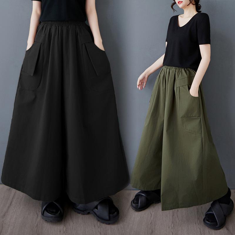 キュロット レディース 春夏 ウエストゴム ワイドパンツ ゆったり 大きいサイズ 細見え 体型カバー 立体ポケット カジュアル リラックス スカートパンツ 薄手 ストレッチ ハイウエスト 9分丈 ブラック カーキ