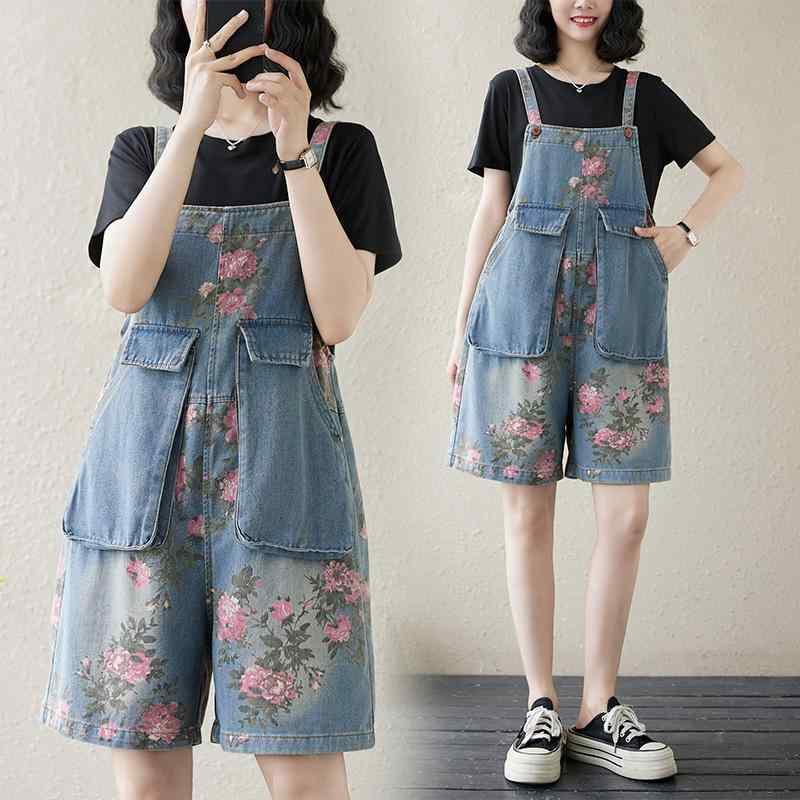 デニム サロペット ショートパンツ レディース 大きいサイズ ゆったり ルーズフィット ワイドシルエット 青 花柄プリント ウォッシュ加工 カジュアル 春夏 普段使い デイリー タウンユース ポリエステル 綿 混紡