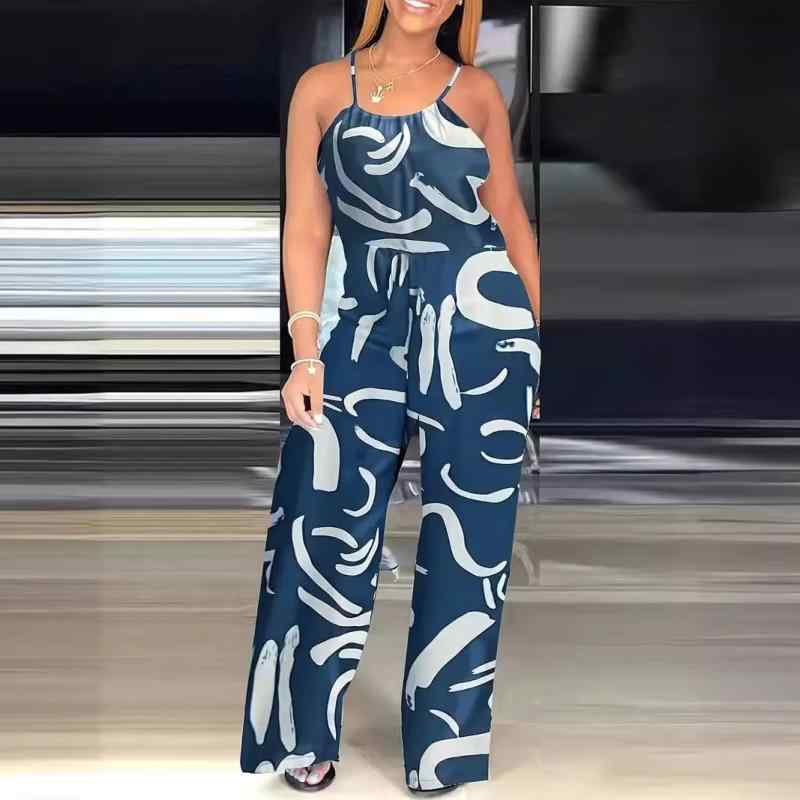 オールインワン サロペット レディース 春夏 プリント ノースリーブ ハイウエスト ストレート ロングパンツ ポリエステル ネイビー エレガント カジュアル 通勤 オフィス