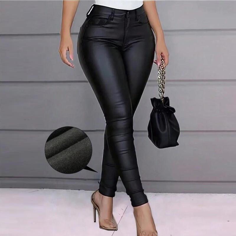 カジュアルパンツ レディース スキニーパンツ スリム 多ポケット カーゴパンツ風 ストレッチ 伸縮性 コーティング加工 フェイクレザー ロング丈 ミドルウエスト ポリエステル スパンデックス 欧米風 ストリート系 秋冬