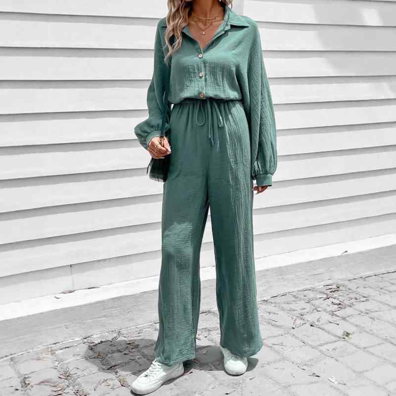 オールインワン レディース 春夏 グリーン 緑 ロング丈 プリーツ ストレートパンツ ウエストゴム エレガント 上品 きれいめ カジュアル 体型カバー ゆったり ポリエステル 普段使い