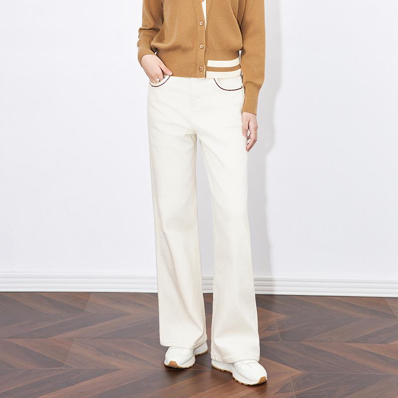 デニムパンツ レディース レトロ ハイウエスト ワイドストレート 裏起毛 あったか ゆったり 着痩せ ストレッチ きれいめ カジュアル リヨセル混 アイボリー 秋冬